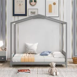 Wood Gray Twin Size House Platform Bed with Headboard by Z-joyee -Cheap Z-joyee Store gray z joyee platform beds f fb857219706 76 1000