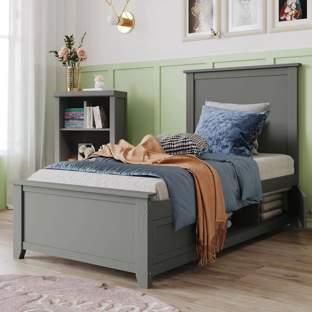 80 in. Gray Twin Bed Frame with Storage Kids Teens Solid Wood Platform Bed by Z-joyee 5 80 in. Gray Twin Bed Frame with Storage Kids Teens Solid Wood Platform Bed by Z-joyee - Image 5