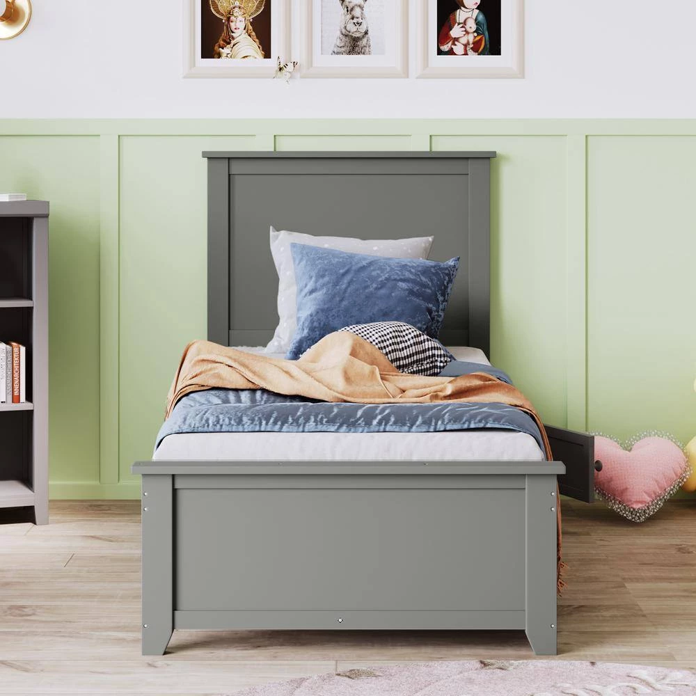 80 in. Gray Twin Bed Frame with Storage Kids Teens Solid Wood Platform Bed by Z-joyee 3 80 in. Gray Twin Bed Frame with Storage Kids Teens Solid Wood Platform Bed by Z-joyee - Image 3