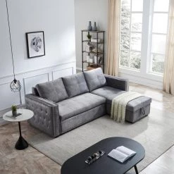 Living Room 91 in. W Gray Velvet Square Arm 3-Seater L-Shaped Modern Sectional Sofa by Z-joyee -Cheap Z-joyee Store gray z joyee sectional sofas ljp w487s00083 31 1000
