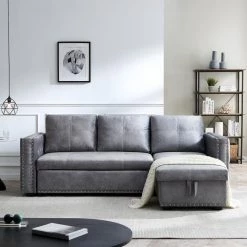 Living Room 91 in. W Gray Velvet Square Arm 3-Seater L-Shaped Modern Sectional Sofa by Z-joyee