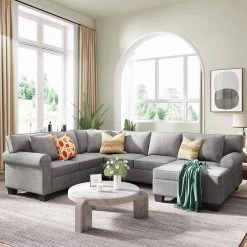 113 in. Rolled Arm 3-piece U Shaped Chenille Sectional Sofa in Gray w/3 Pillows by Z-joyee -Cheap Z-joyee Store gray z joyee sectional sofas p q202200214 31 1000