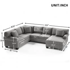 113 in. Rolled Arm 3-piece U Shaped Chenille Sectional Sofa in Gray w/3 Pillows by Z-joyee -Cheap Z-joyee Store gray z joyee sectional sofas p q202200214 44 1000