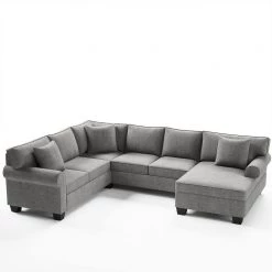 113 in. Rolled Arm 3-piece U Shaped Chenille Sectional Sofa in Gray w/3 Pillows by Z-joyee -Cheap Z-joyee Store gray z joyee sectional sofas p q202200214 4f 1000