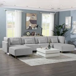 143.3 in. Square Arm 6-Piece U-Shaped Fabric Modern Sectional Sofa in Gray with Convertible Ottoman Chaise by Z-joyee -Cheap Z-joyee Store gray z joyee sectional sofas p q202200268 c3 1000