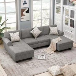 116 in. Rolled Arm 3-piece U Shaped Chenille Sectional Sofa in Gray w/Storage Chaises and 3 Pillows by Z-joyee