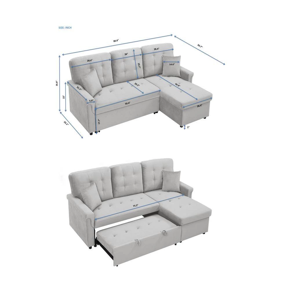 86.6 in. Square Arm 2-Piece L Shaped Velvet Modern Sectional Sofa in Gray w/Storage by Z-joyee 7 86.6 in. Square Arm 2-Piece L Shaped Velvet Modern Sectional Sofa in Gray w/Storage by Z-joyee - Image 7