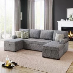 108.75 in. Gray Fabric Twin Size U-Shaped 4-Seats Sofa Bed with Storage and Chaise Lounges by Z-joyee -Cheap Z-joyee Store gray z joyee sofa beds p q202200199 31 1000