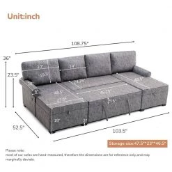 108.75 in. Gray Fabric Twin Size U-Shaped 4-Seats Sofa Bed with Storage and Chaise Lounges by Z-joyee -Cheap Z-joyee Store gray z joyee sofa beds p q202200199 fa 1000