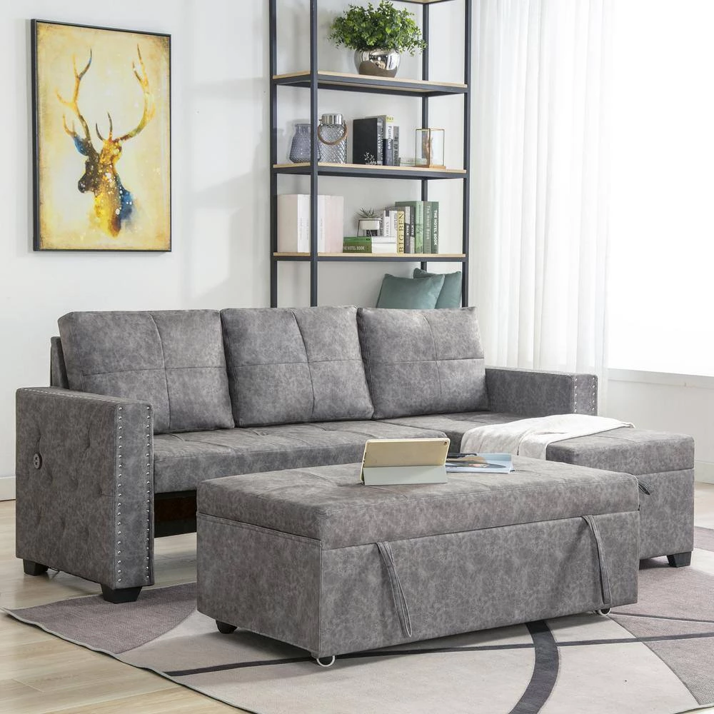 84 in. Gray Fabric Twin Size 3-Seats L-Shaped Sofa Bed by Z-joyee 7 84 in. Gray Fabric Twin Size 3-Seats L-Shaped Sofa Bed by Z-joyee - Image 7