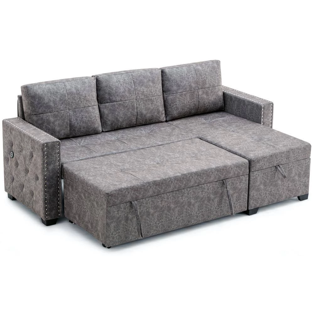 84 in. Gray Fabric Twin Size 3-Seats L-Shaped Sofa Bed by Z-joyee 4 84 in. Gray Fabric Twin Size 3-Seats L-Shaped Sofa Bed by Z-joyee - Image 4
