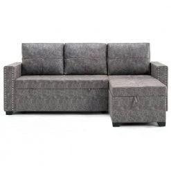 84 in. Gray Fabric Twin Size 3-Seats L-Shaped Sofa Bed by Z-joyee