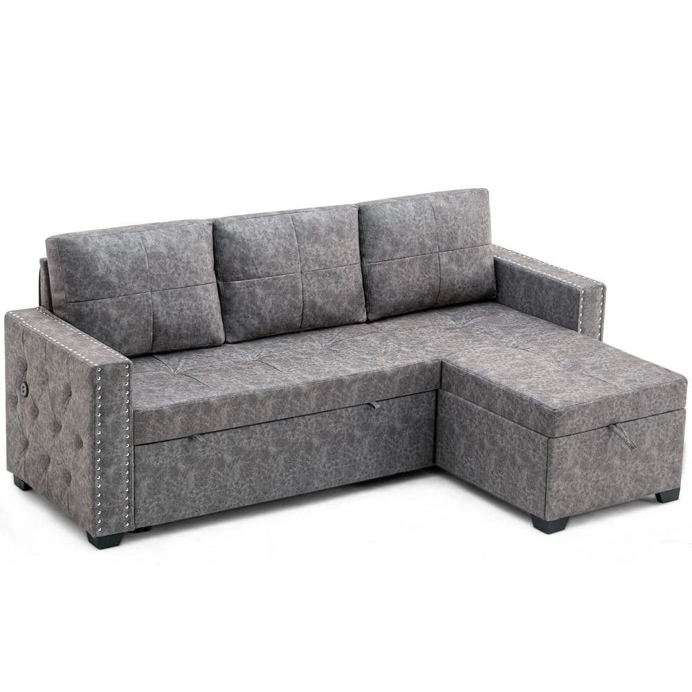 84 in. Gray Fabric Twin Size 3-Seats L-Shaped Sofa Bed by Z-joyee 3 84 in. Gray Fabric Twin Size 3-Seats L-Shaped Sofa Bed by Z-joyee - Image 3