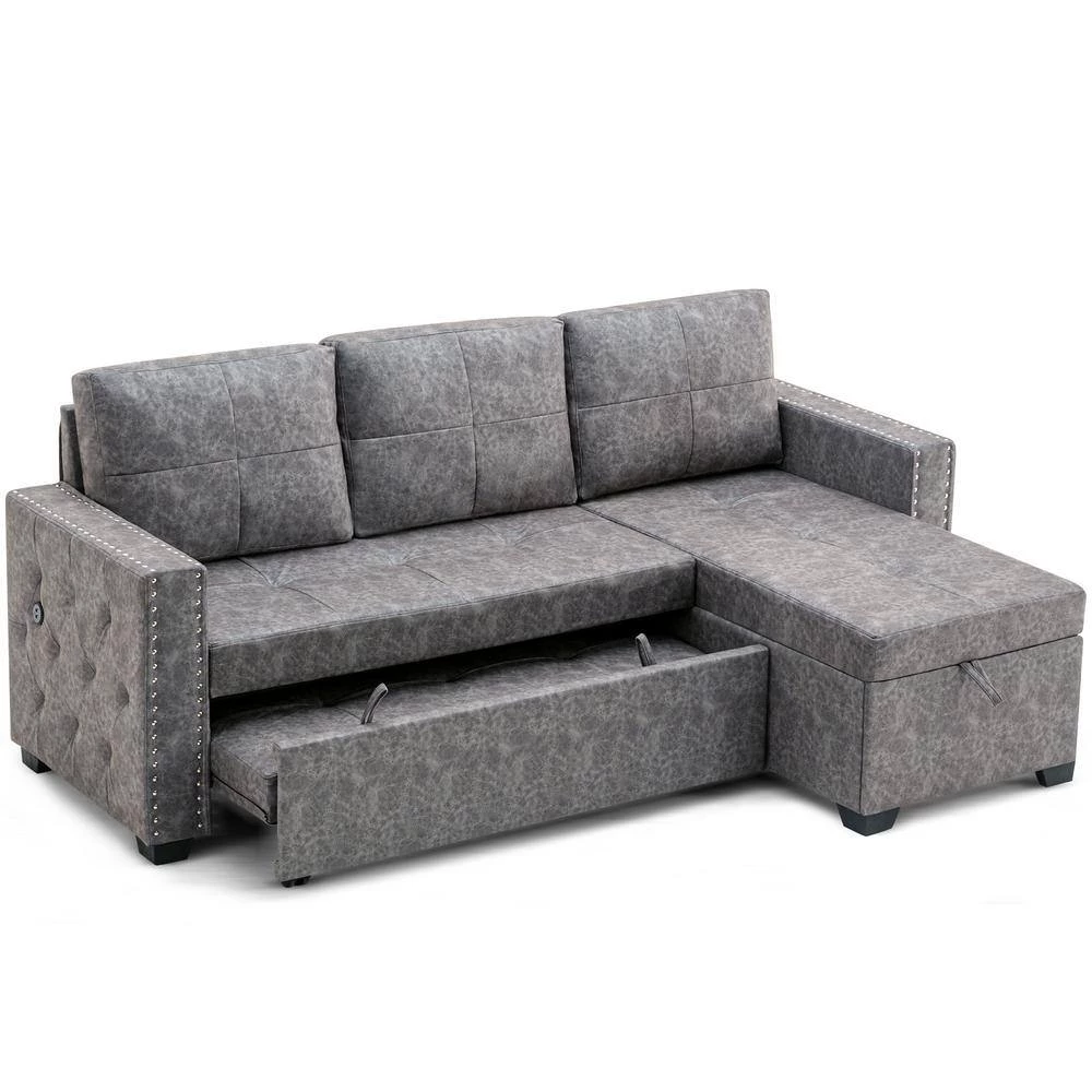 84 in. Gray Fabric Twin Size 3-Seats L-Shaped Sofa Bed by Z-joyee 2 84 in. Gray Fabric Twin Size 3-Seats L-Shaped Sofa Bed by Z-joyee - Image 2