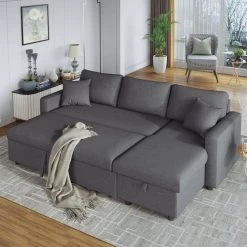 87.4 in. Gray Fabric Twin Size Sleeper Sectional Sofa Bed with Storage Space and 2 Tossing Cushions by Z-joyee -Cheap Z-joyee Store gray z joyee sofa beds p q202200223 31 1000