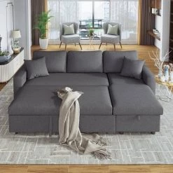 87.4 in. Gray Fabric Twin Size Sleeper Sectional Sofa Bed with Storage Space and 2 Tossing Cushions by Z-joyee -Cheap Z-joyee Store gray z joyee sofa beds p q202200223 44 1000