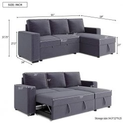 91 in. Gray Polyester Full Size Reversible Pull out Sleeper Sectional Storage Sofa Bed by Z-joyee -Cheap Z-joyee Store gray z joyee sofa beds p q202200346 1f 1000