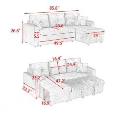 85.8 in. Gray Velvet Full Size L Shaped Sectional Sofa Sofa Bed by Z-joyee -Cheap Z-joyee Store gray z joyee sofa beds p q202200388 fa 1000