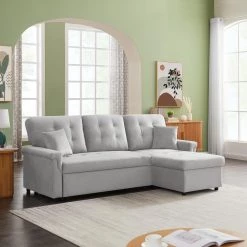 86.6 in. Gray Velvet Twin Size Sleeper Sofa Bed L-Shaped Sectional Sofa with Storage by Z-joyee -Cheap Z-joyee Store gray z joyee sofa beds p s202200264 31 1000