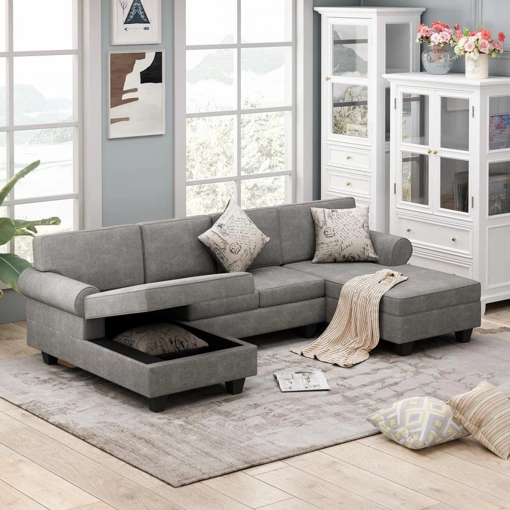 116 in. Rolled Arm Chenille U Shaped Modern Sofa in Gray with Storage Chaises and 3 Pillows by Z-joyee 8 116 in. Rolled Arm Chenille U Shaped Modern Sofa in Gray with Storage Chaises and 3 Pillows by Z-joyee - Image 8