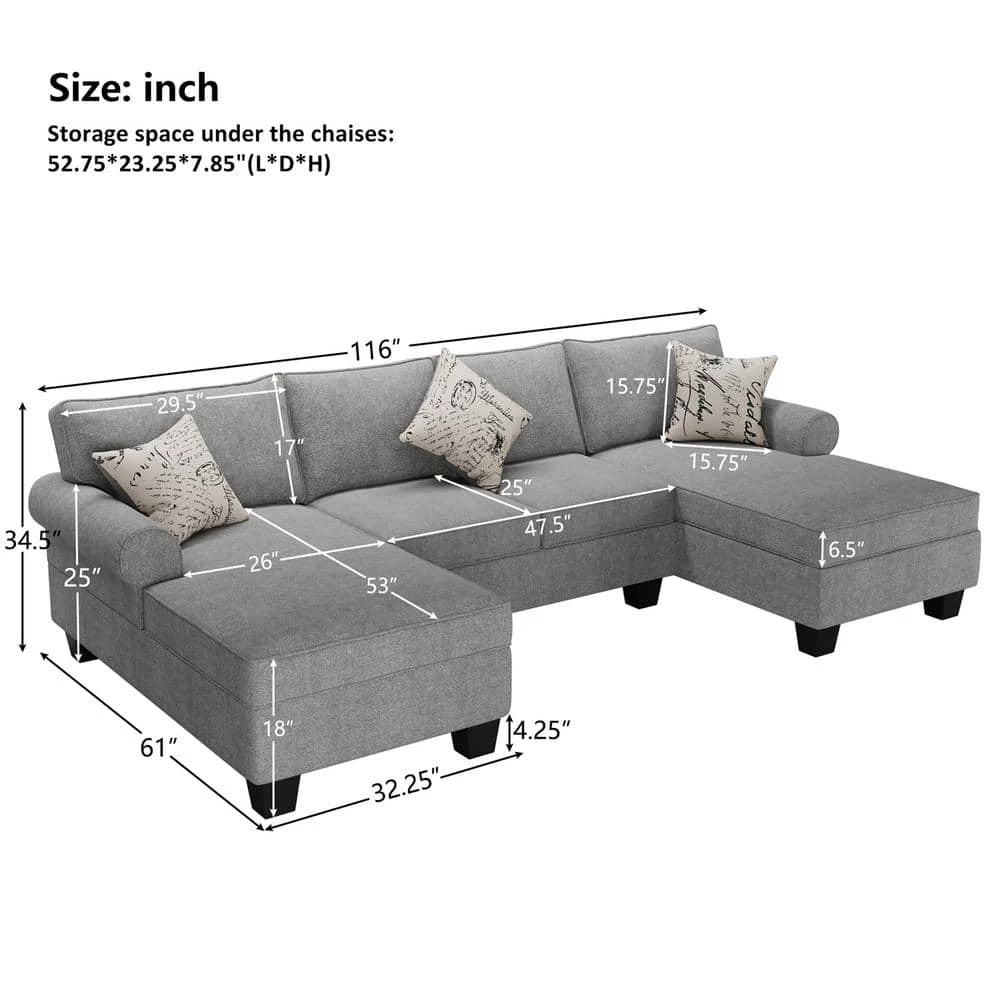 116 in. Rolled Arm Chenille U Shaped Modern Sofa in Gray with Storage Chaises and 3 Pillows by Z-joyee 6 116 in. Rolled Arm Chenille U Shaped Modern Sofa in Gray with Storage Chaises and 3 Pillows by Z-joyee - Image 6