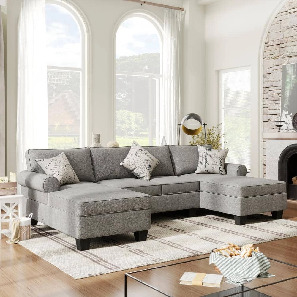 116 in. Rolled Arm Chenille U Shaped Modern Sofa in Gray with Storage Chaises and 3 Pillows by Z-joyee 1 116 in. Rolled Arm Chenille U Shaped Modern Sofa in Gray with Storage Chaises and 3 Pillows by Z-joyee