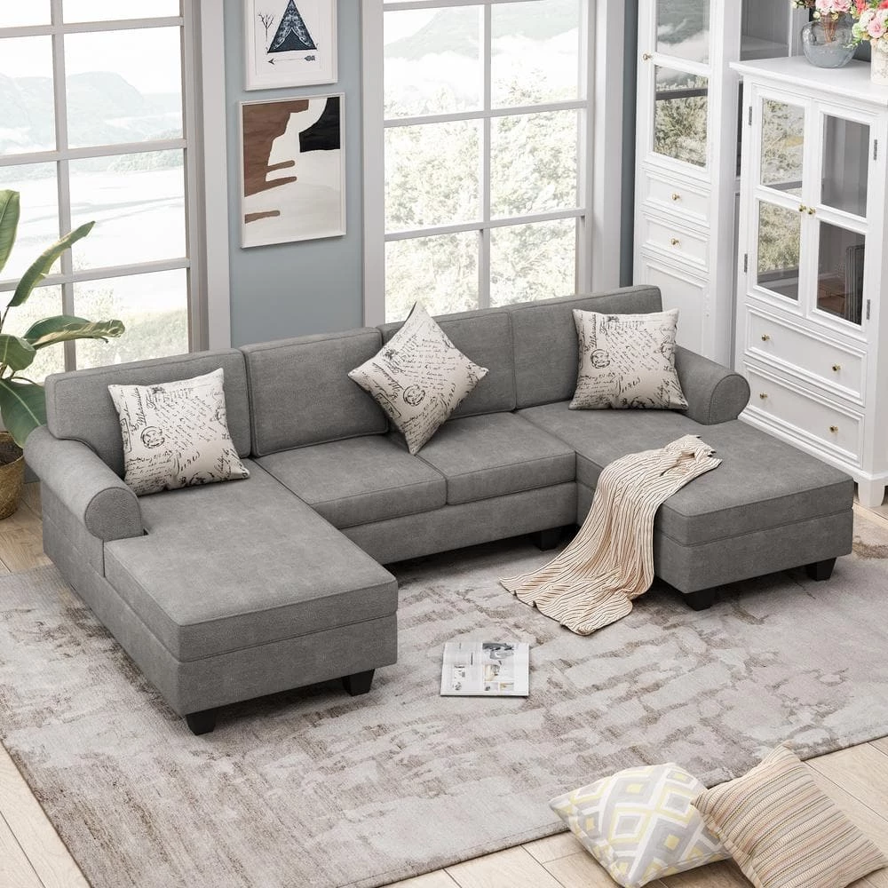 116 in. Rolled Arm Chenille U Shaped Modern Sofa in Gray with Storage Chaises and 3 Pillows by Z-joyee 7 116 in. Rolled Arm Chenille U Shaped Modern Sofa in Gray with Storage Chaises and 3 Pillows by Z-joyee - Image 7