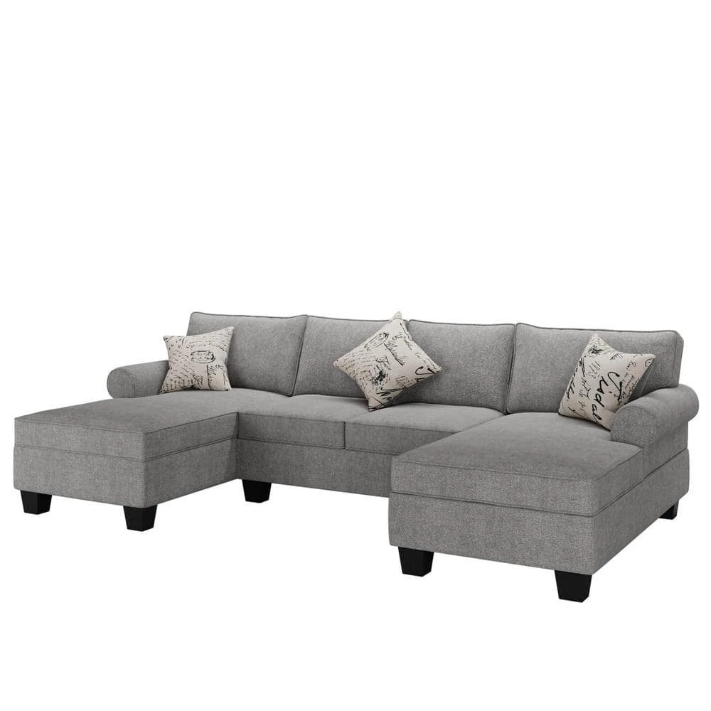 116 in. Rolled Arm Chenille U Shaped Modern Sofa in Gray with Storage Chaises and 3 Pillows by Z-joyee 3 116 in. Rolled Arm Chenille U Shaped Modern Sofa in Gray with Storage Chaises and 3 Pillows by Z-joyee - Image 3