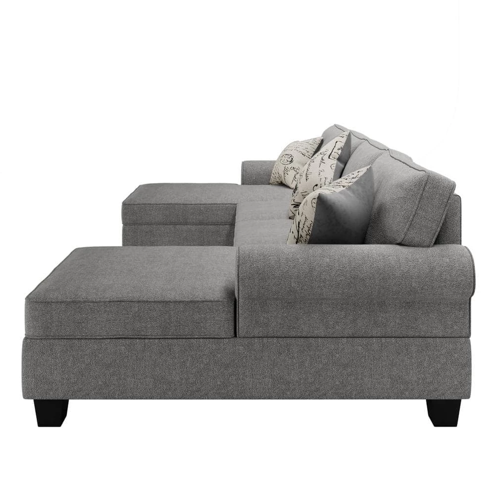 116 in. Rolled Arm Chenille U Shaped Modern Sofa in Gray with Storage Chaises and 3 Pillows by Z-joyee 2 116 in. Rolled Arm Chenille U Shaped Modern Sofa in Gray with Storage Chaises and 3 Pillows by Z-joyee - Image 2