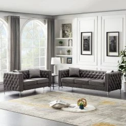 82.3 in. Square Arm Velvet Modern Straight 3-Seat Sofa with Loveseat and Jeweled Button Tufted Copper Nails in Gray by Z-joyee -Cheap Z-joyee Store gray z joyee sofas couches p q202200282 31 1000