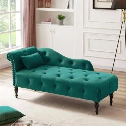 Green Velvet Chaise Lounge Buttons Tufted Nailhead Trimmed Solid Wood Legs with 1-Pillow by Z-joyee -Cheap Z-joyee Store green z joyee chaise lounges p q202200319 31 1000