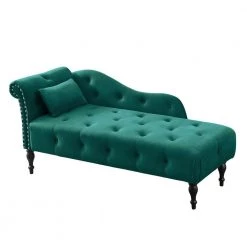 Green Velvet Chaise Lounge Buttons Tufted Nailhead Trimmed Solid Wood Legs with 1-Pillow by Z-joyee