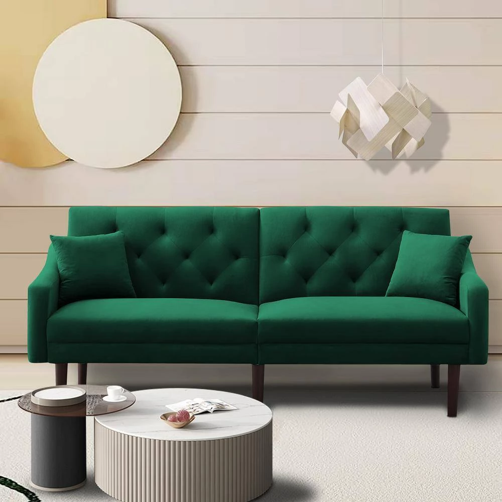 72.8 in. Green Velvet Futon Sofa Sleeper with 2-Pillows by Z-joyee 6 72.8 in. Green Velvet Futon Sofa Sleeper with 2-Pillows by Z-joyee - Image 6