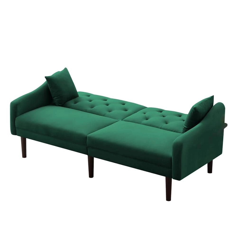 72.8 in. Green Velvet Futon Sofa Sleeper with 2-Pillows by Z-joyee 4 72.8 in. Green Velvet Futon Sofa Sleeper with 2-Pillows by Z-joyee - Image 4