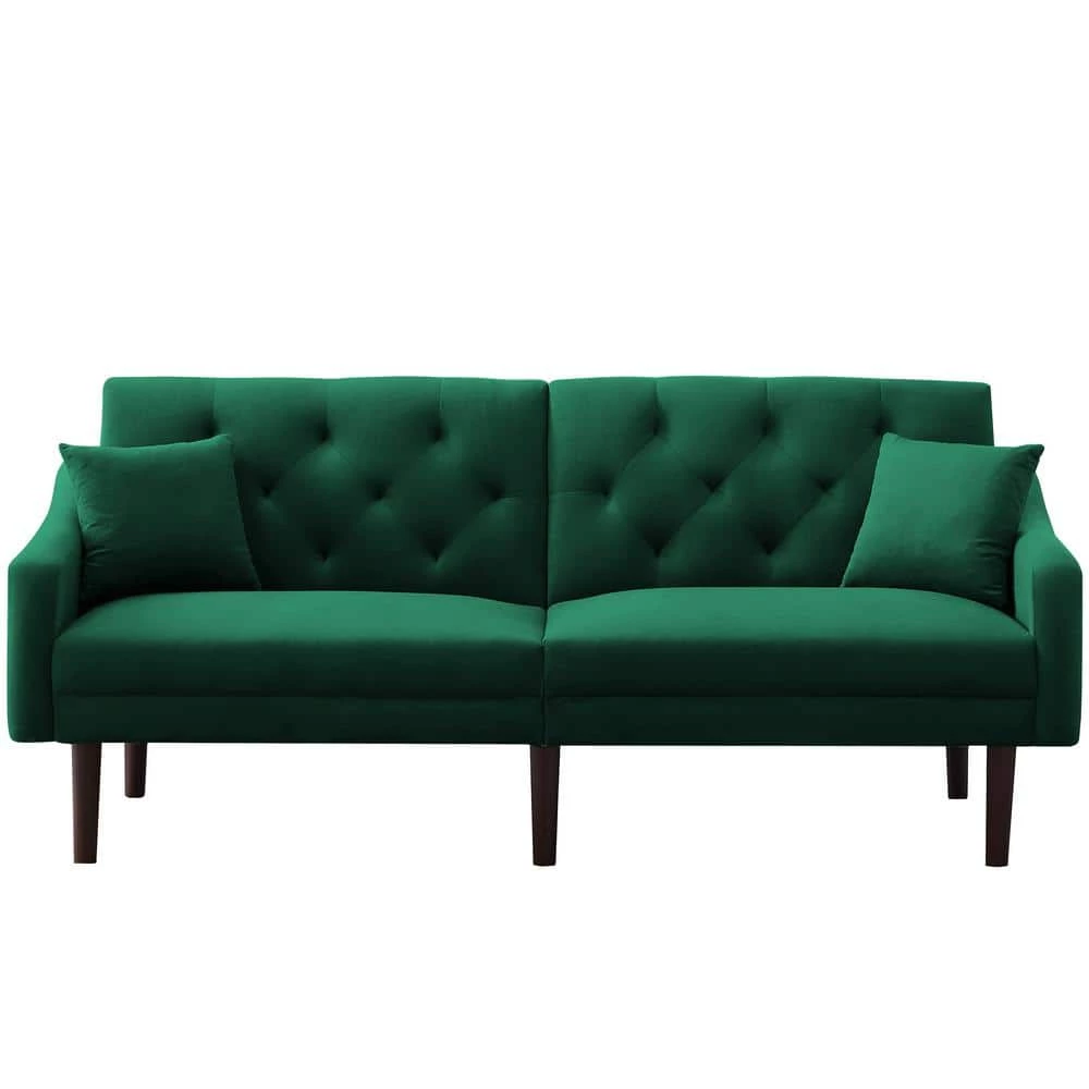 72.8 in. Green Velvet Futon Sofa Sleeper with 2-Pillows by Z-joyee 1 72.8 in. Green Velvet Futon Sofa Sleeper with 2-Pillows by Z-joyee