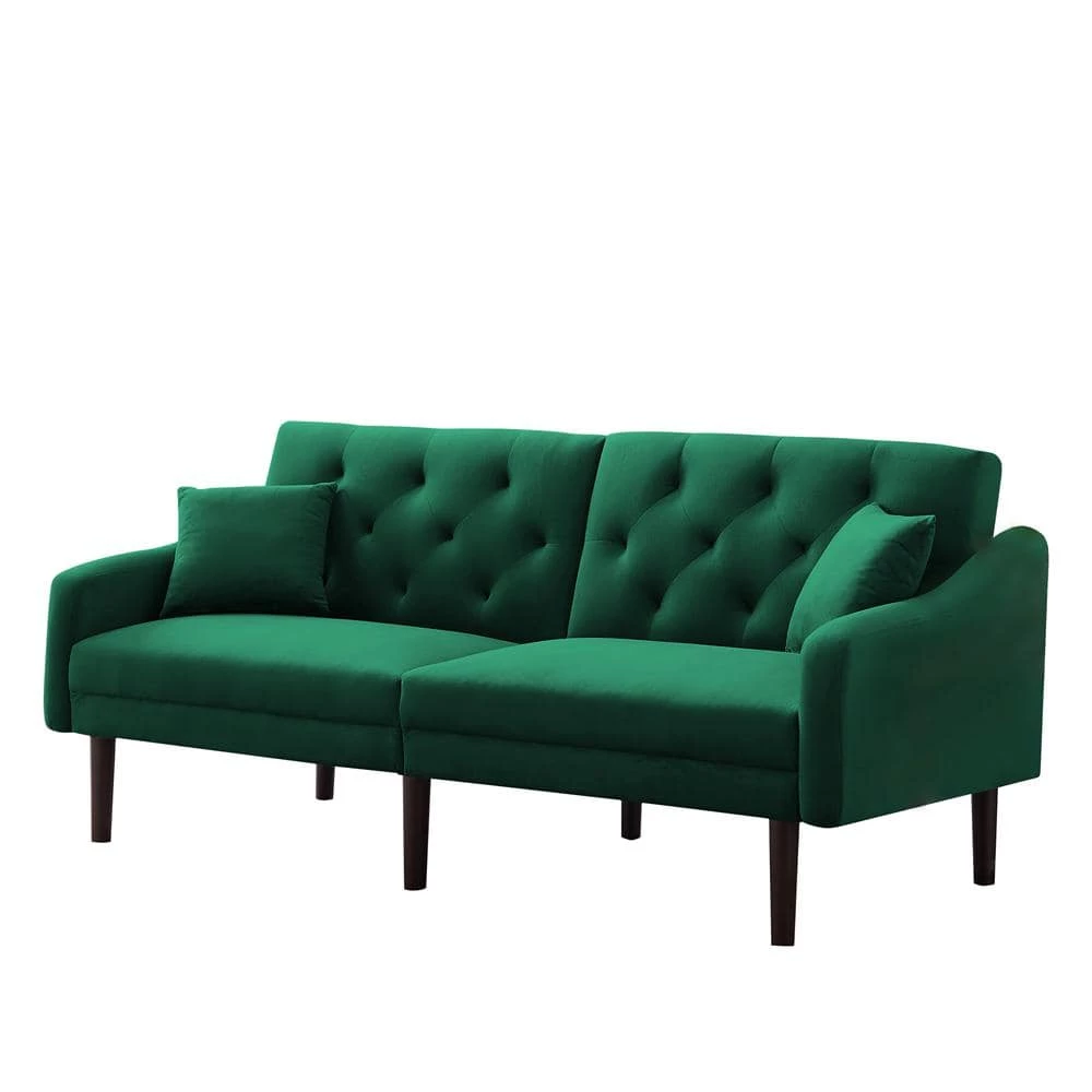 72.8 in. Green Velvet Futon Sofa Sleeper with 2-Pillows by Z-joyee 3 72.8 in. Green Velvet Futon Sofa Sleeper with 2-Pillows by Z-joyee - Image 3