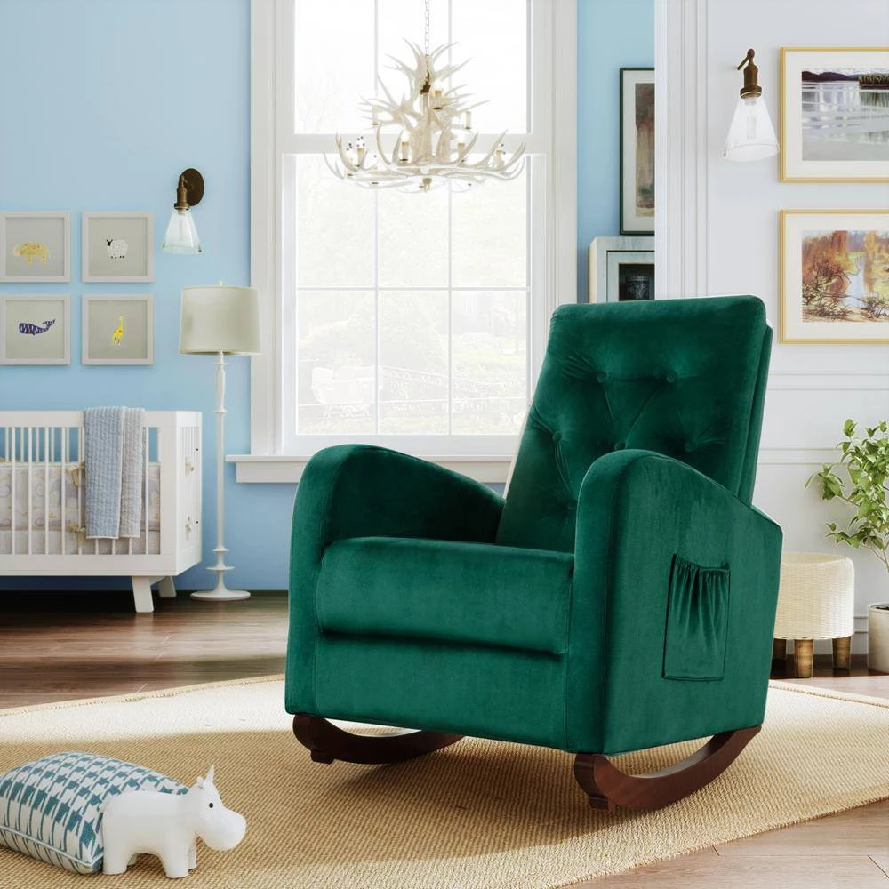 Green Velvet High Back Rocking Chair Nursery Chair Comfortable Rocker by Z-joyee 5 Green Velvet High Back Rocking Chair Nursery Chair Comfortable Rocker by Z-joyee - Image 5