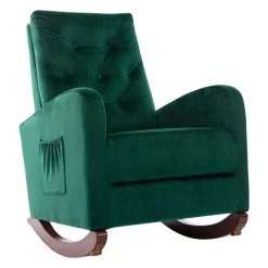 Green Velvet High Back Rocking Chair Nursery Chair Comfortable Rocker by Z-joyee