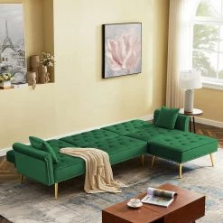 110 in. Green Velvet Upholstered Twin Sleeper Size L-Shaped Couch Reversible Sectional Sofa Bed with Movable Ottoman by Z-joyee -Cheap Z-joyee Store green z joyee sofa beds ljp s202200001 31 1000