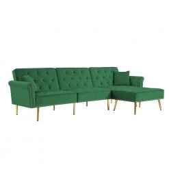 110 in. Green Velvet Upholstered Twin Sleeper Size L-Shaped Couch Reversible Sectional Sofa Bed with Movable Ottoman by Z-joyee -Cheap Z-joyee Store green z joyee sofa beds ljp s202200001 4f 1000