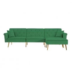 110 in. Green Velvet Upholstered Twin Sleeper Size L-Shaped Couch Reversible Sectional Sofa Bed with Movable Ottoman by Z-joyee