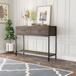 39.37 in. Natural Rectangle Particle Board Console Table with 2-Top Drawers and Open Shelf by Z-joyee -Cheap Z-joyee Store natural z joyee console tables p dj20220007 31 1000