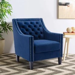 Navy Blue Velvet Fabric Accent Arm Chair Living Room Chair with Nail-Heads and Solid Wood Legs by Z-joyee -Cheap Z-joyee Store navy blue z joyee accent chairs ljp s202200007 31 1000