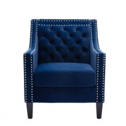 Navy Blue Velvet Fabric Accent Arm Chair Living Room Chair with Nail-Heads and Solid Wood Legs by Z-joyee