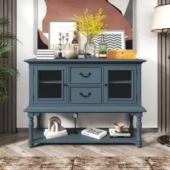 52 in. Navy Blue Standard Rectangle Wood Console Table with 2-Storage Drawers and Bottom Shelf by Z-joyee -Cheap Z-joyee Store navy blue z joyee console tables f fb857220283 31 1000