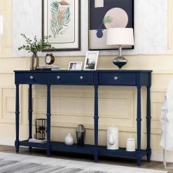 58.07 in. Navy Standard Rectangle Wood Console Table with Storage Shelf and Drawer by Z-joyee -Cheap Z-joyee Store navy z joyee console tables f fb857221464 76 1000