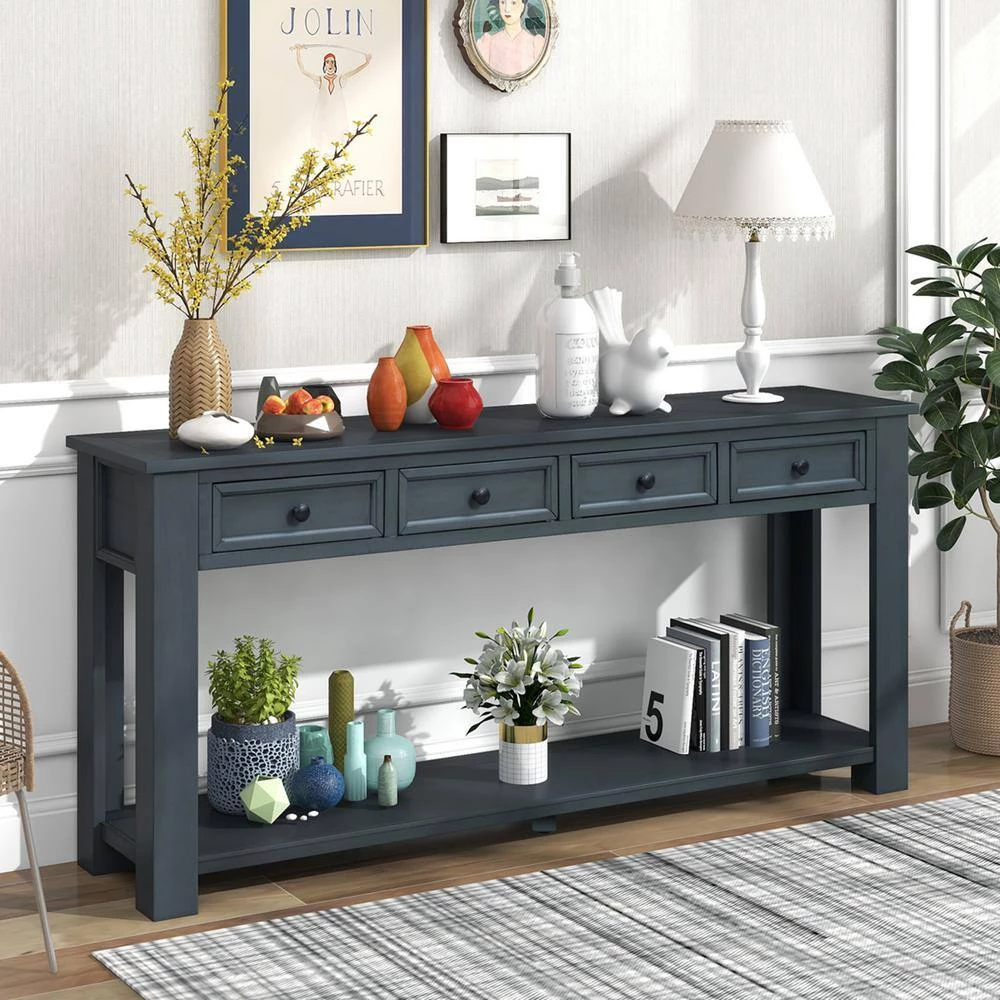 Rustic 63 in. Navy Standard Rectangle Wood Console Table with 4 Drawers by Z-joyee 11 Rustic 63 in. Navy Standard Rectangle Wood Console Table with 4 Drawers by Z-joyee - Image 11
