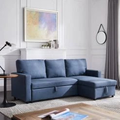 Living Room 85 in. W Navy Blue Square Arm 3-Seat Polyester L -Shaped Modern Sectional Sofa by Z-joyee