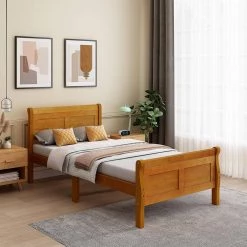 41.3 in. W Oak Twin Wood Frame Platform Bed with Headboard & Footboard by Z-joyee -Cheap Z-joyee Store oak z joyee platform beds ly wf192439aal 31 1000