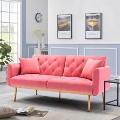 63.78 in. Peach Velvet Twin Size Sofa Bed Accent Sofa Loveseat Sofa with Rose Gold Metal Feet by Z-joyee -Cheap Z-joyee Store peach z joyee sofa beds ljp w39536037 31 1000
